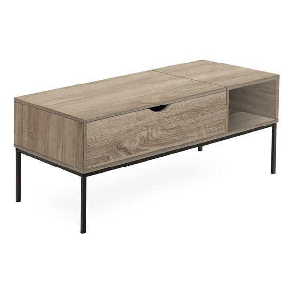 Table basse moderne 20 x 42 po à plateau relevable de Monarch Specialties en stratifié taupe foncé métal noir