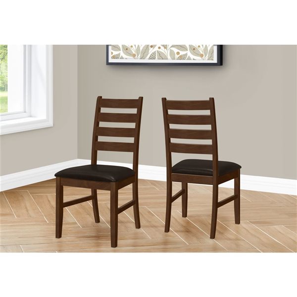 Monarch Specialties Brown Faux Leather Ladder-Back Dining Chairs w/ Dark Brown Wooden Frame - Set of 2