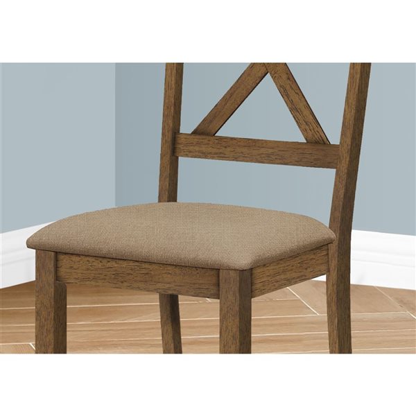 Monarch Specialties Beige Fabric Upholstered Dining Chairs w/ Walnut Wooden Cross-Back Frame - Set of 2