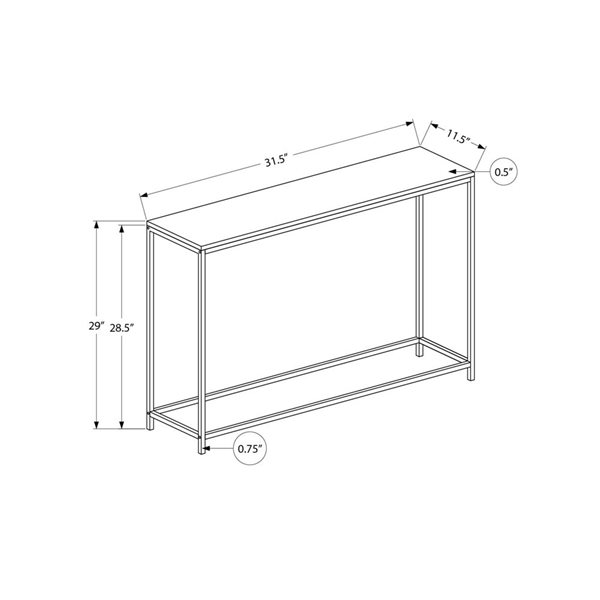 Table console 11,5 p. x 31,5 po l. par Monarch Specialties en stratifié taupe foncé et pieds en métal noir