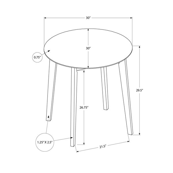 Table de salle à manger ronde 30 po de Monarch Specialties en placage et bois blanc