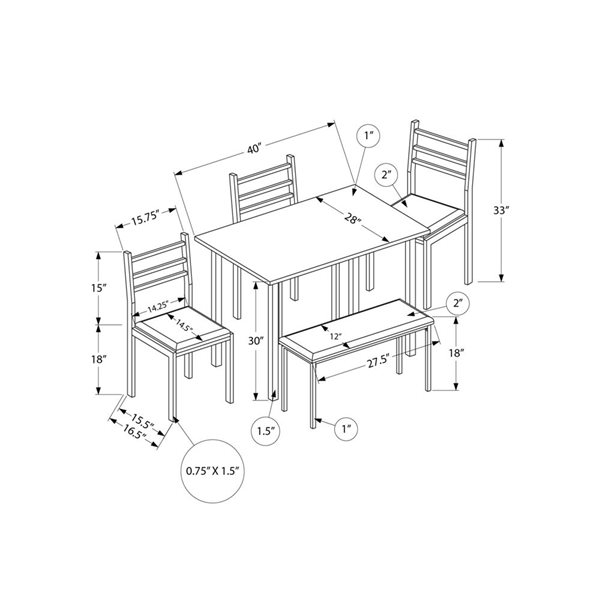 Ensemble salle à manger 1 table rectangle 40 po L et 2 chaises/1 banc Monarch Specialties gris et blanc