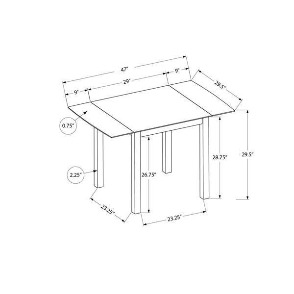 Table de salle à manger rectangulaire à abattants 47 L x 30 po l. par Monarch Specialties placage chêne et bois crème