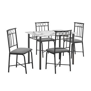 Ensemble salle à manger 1 table rectangle 40 po L et 4 chaises Monarch Specialties blanc marbré/gris et métal noir