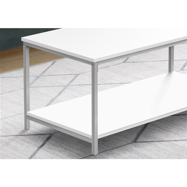 Monarch Specialties 40 x 20-in White Laminate Coffee Table w/ Silver Metal Frame and Shelve