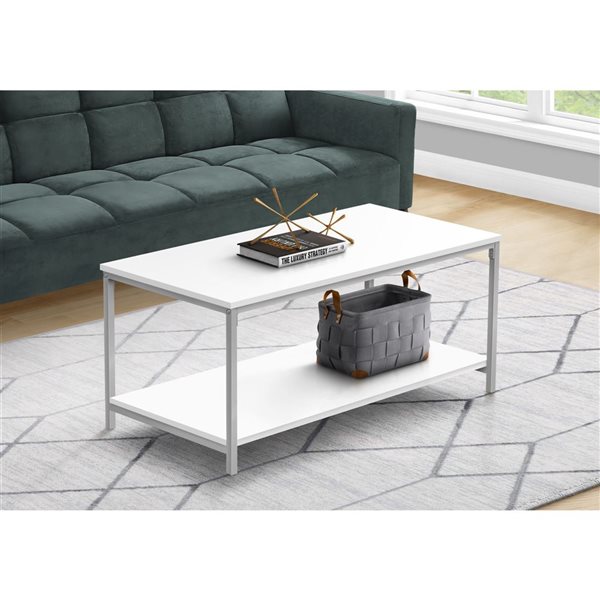 Monarch Specialties 40 x 20-in White Laminate Coffee Table w/ Silver Metal Frame and Shelve