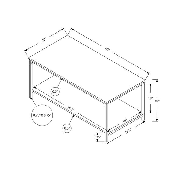 Monarch Specialties 40 x 20-in White Laminate Coffee Table w/ Silver Metal Frame and Shelve