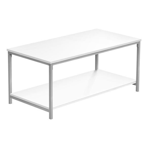 Monarch Specialties 40 x 20-in White Laminate Coffee Table w/ Silver Metal Frame and Shelve