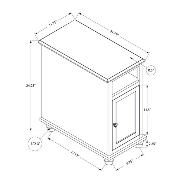 Table d'appoint étroite transitionnelle 1 porte Monarch Specialties 21,75 p. x 11,75 po l. placage brun/blanc antique