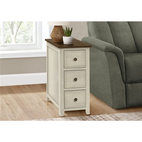 Monarch Specialties 21.75 D x 11.75-in W Antique White and Brown Veneer Transitional Narrow Side Table w/ 3 Drawers