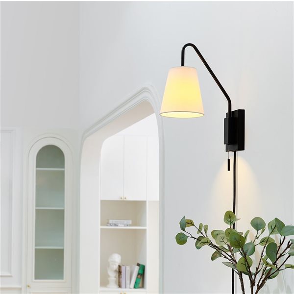 Globe Electric 1-Light Matte Black and White Fabric Shade Plug-In or Hardwire Wall Sconce