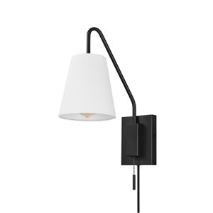 Applique murale à 1 lumière Globe Electric noir mat à abat-jour en tissu blanc, enfichable ou câblée