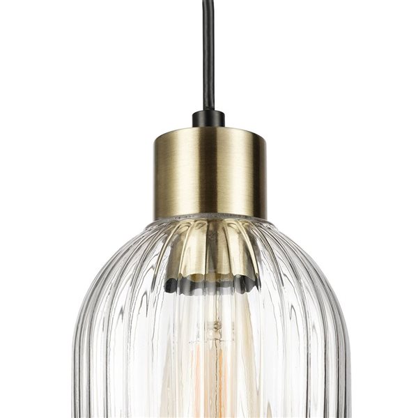 Globe Electric 1-Light Matte Brass and Clear Ribbed Glass Shade Adjustable Pendant Light