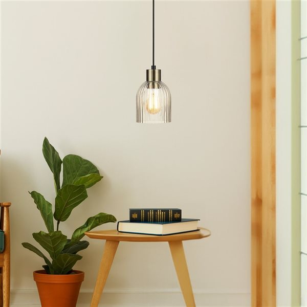 Globe Electric 1-Light Matte Brass and Clear Ribbed Glass Shade Adjustable Pendant Light