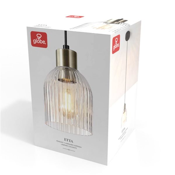 Globe Electric 1-Light Matte Brass and Clear Ribbed Glass Shade Adjustable Pendant Light