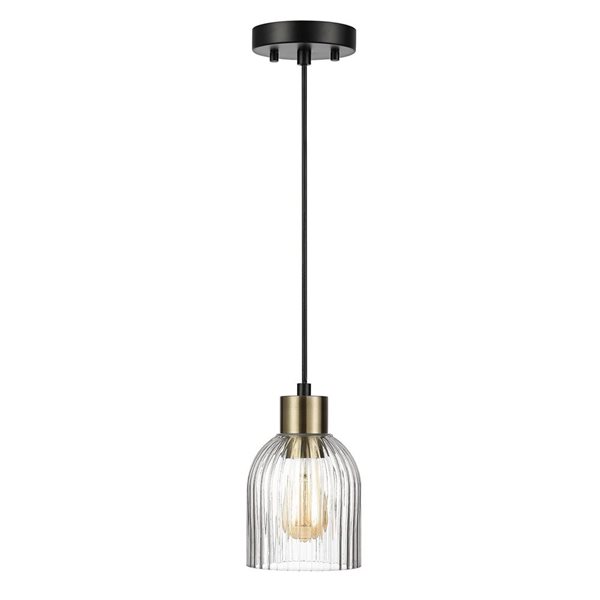 Globe Electric 1-Light Matte Brass and Clear Ribbed Glass Shade Adjustable Pendant Light