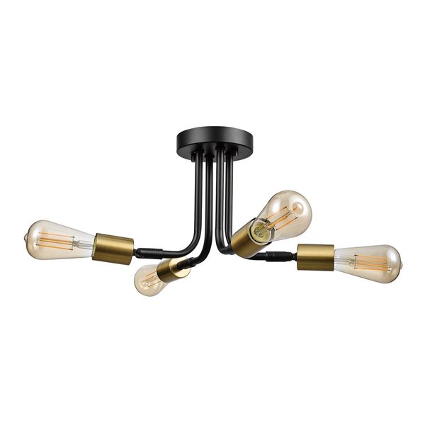 Globe Electric 4-Light 14-in Matte Black and Brass Adjustable Socket Semi-Flush Mount Ceiling Light