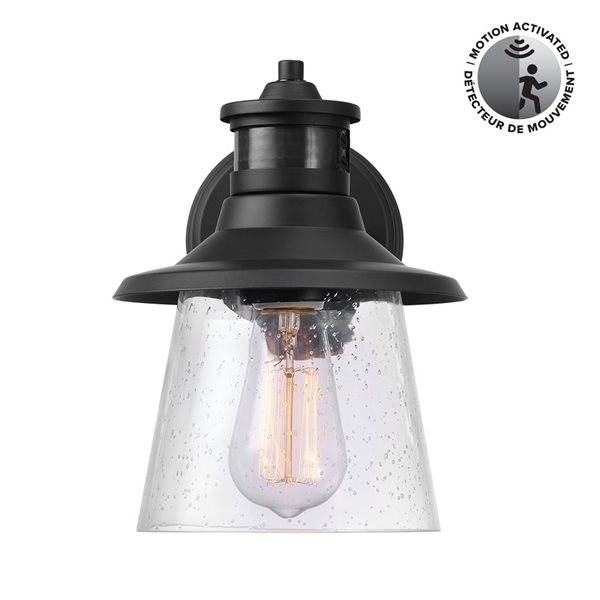 Globe Electric 1-Ligh tMatte Black and Clear Seeded Glass Shade Motion Sensor Wall Sconce