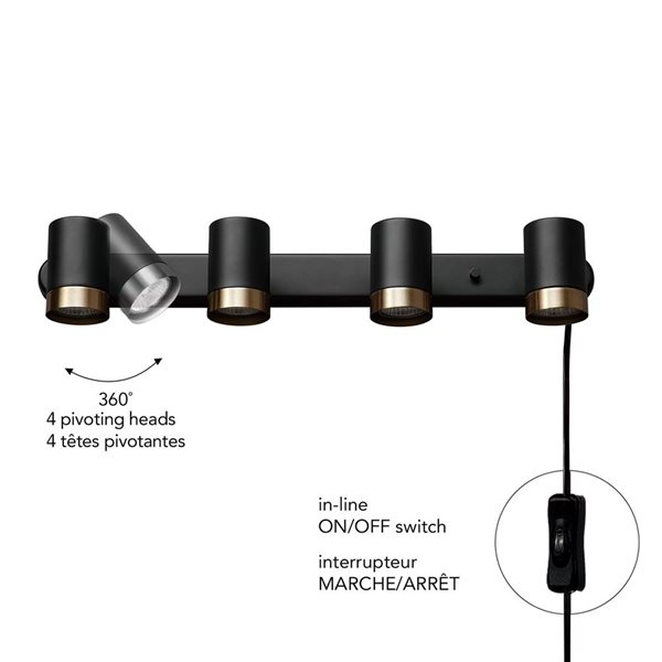 Rail d'éclairage à 4 têtes Globe Electric 22 po noir mat enfichable