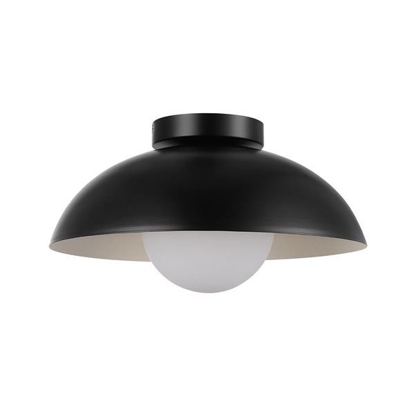 Plafonnier encastré 1 lumière Globe Electric noir mat et abat-jour en verre blanc opalin de 13 po