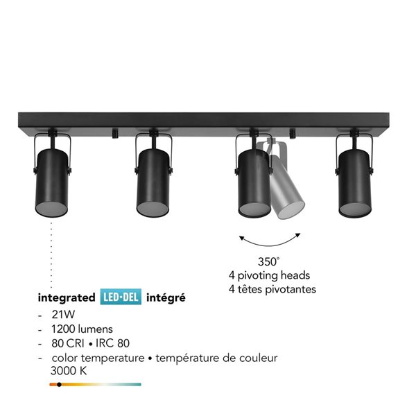 Rail d'éclairage à 4 lumières DEL 22 W Globe Electric 24 po noir mat à intensité variable