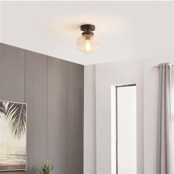 Globe Electric 1-Light 7-in Matte Black and Ribbed Glass Shade Flush Mount Ceiling Light