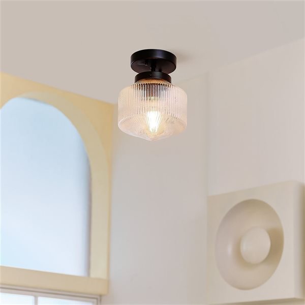 Globe Electric 1-Light 7-in Matte Black and Ribbed Glass Shade Flush Mount Ceiling Light