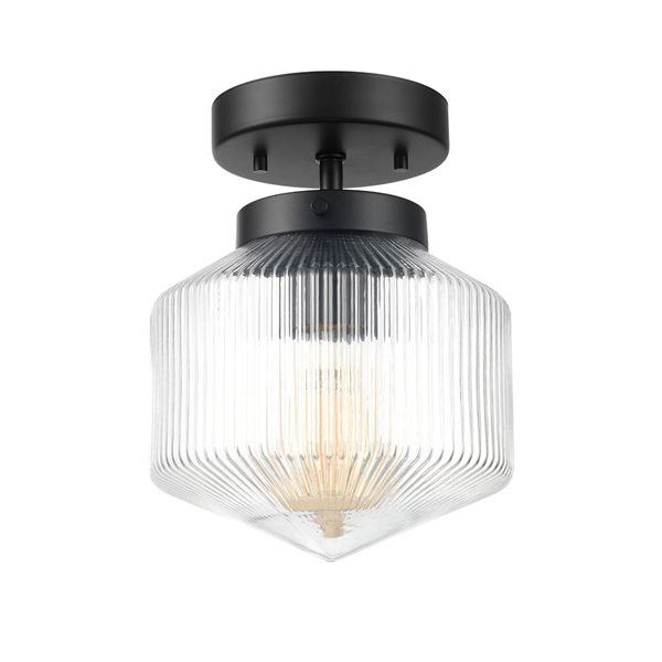 Globe Electric 1-Light 7-in Matte Black and Ribbed Glass Shade Flush Mount Ceiling Light