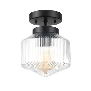 Globe Electric 1-Light 7-in Matte Black and Ribbed Glass Shade Flush Mount Ceiling Light