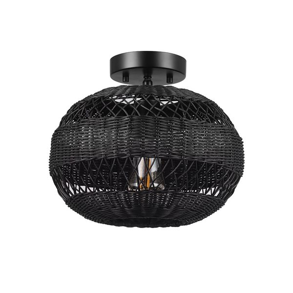 Globe Electric 1-Light 12-in Black Rattan Semi-Flush Mount Ceiling Light