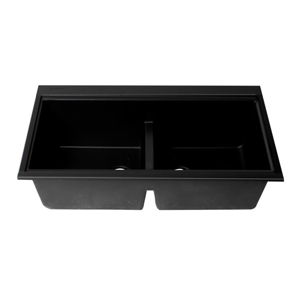 ALFI brand Black 33-in Granite Composite Workstation Step Rim Double Bowl Undermount Sink w/ Accessories