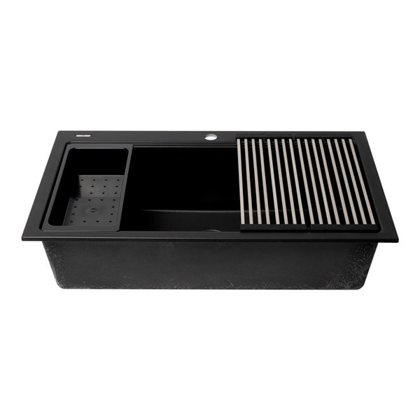 ALFI brand Black 33-in Granite Composite Workstation Step Rim Single Bowl Drop-in Sink w/ Accessories