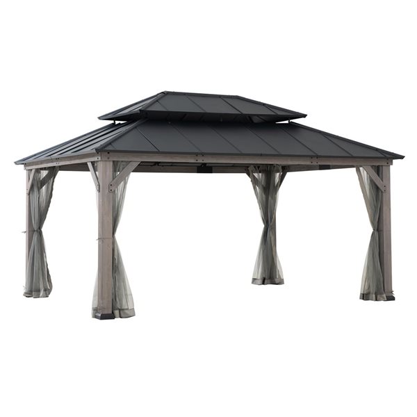 Sunjoy 12 x 16-ft Grey Cedar Wooden Frame Gazebo w/ Black Steel Hardtop ...