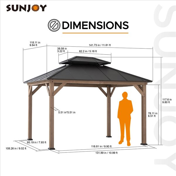 Sunjoy 10 x 12-ft Natural Cedar Wooden Frame Gazebo w/ Black Steel Hardtop