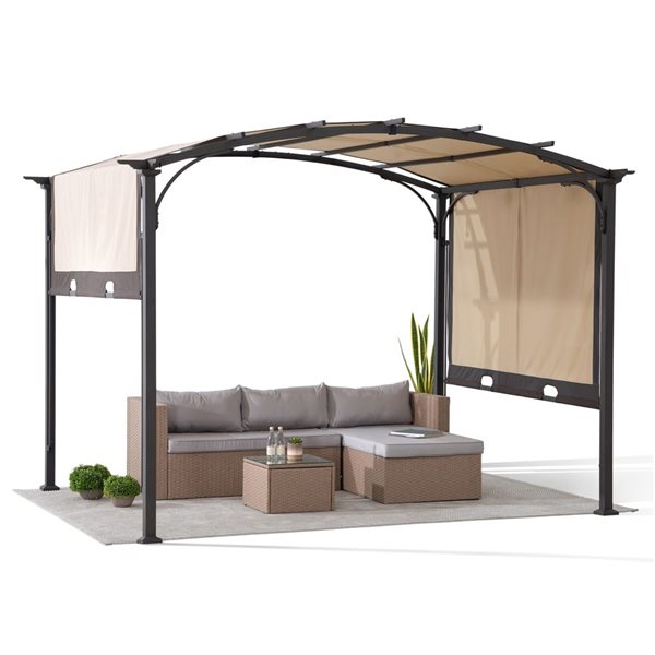 Pergola voutée moderne en acier de 9,5 x 11 pi par Sunjoy avec auvent en toile réglable, brun et beige