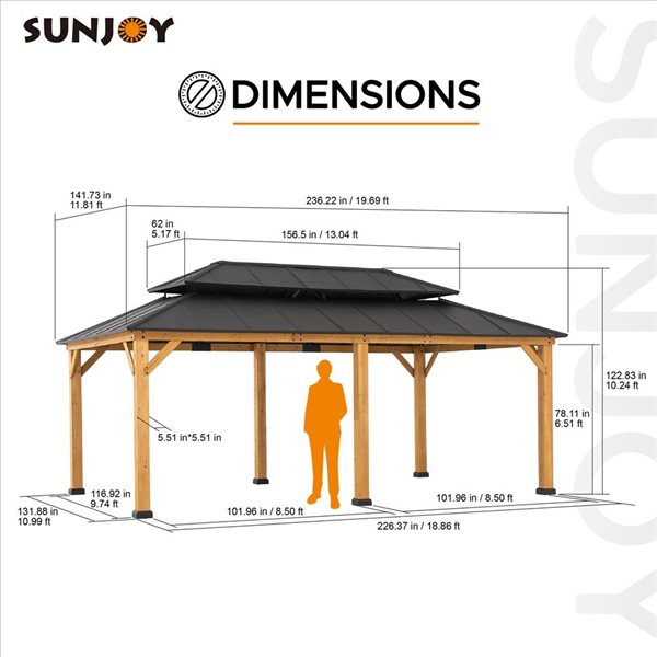 Sunjoy 12 x 20-ft Natural Cedar Wooden Gazebo with 2-Tier Dark Brown Steel Hardtop