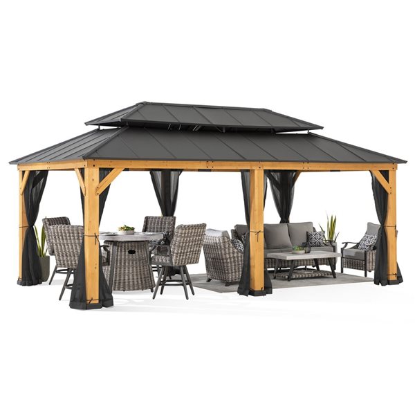 Sunjoy 12 x 20-ft Natural Cedar Wooden Gazebo with 2-Tier Dark Brown Steel Hardtop