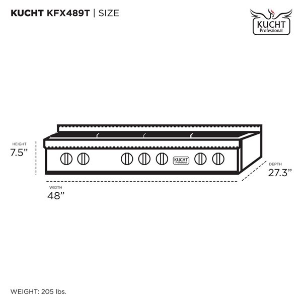 Table de cuisson au gaz naturel KUCHT 48 po à 7 brûleurs scellés, acier inoxydable