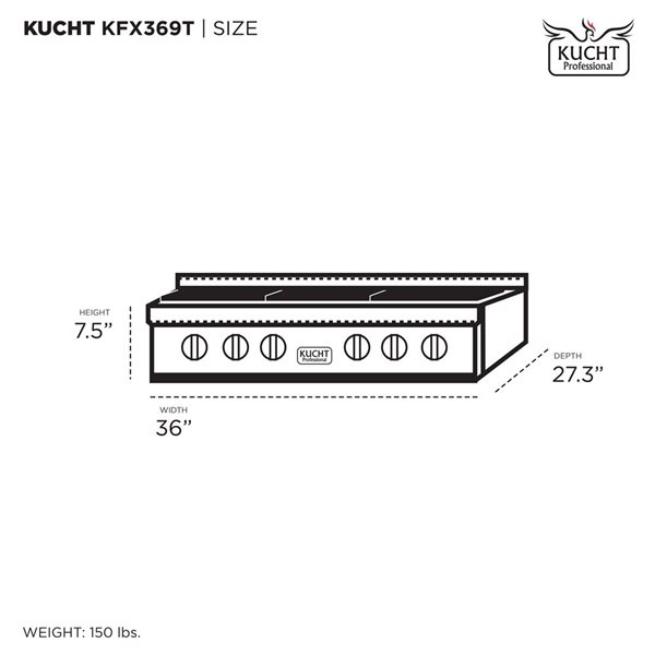 Table de cuisson au gaz propane KUCHT 36 po à 6 brûleurs scellés, acier inoxydable