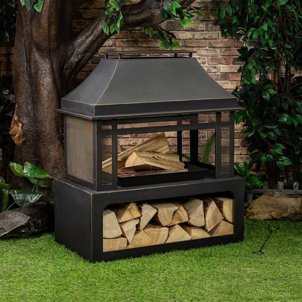 Foyer à bois extérieur rectangle Deko Living 40 po en acier noir avec rangement pour les bûches