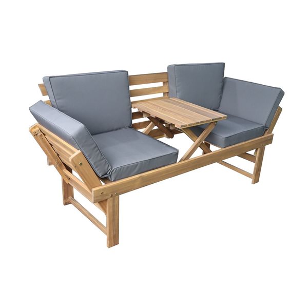 Banc de jardin en bois d'acacia Deko Living avec table centrale et panneaux latéraux rabattables