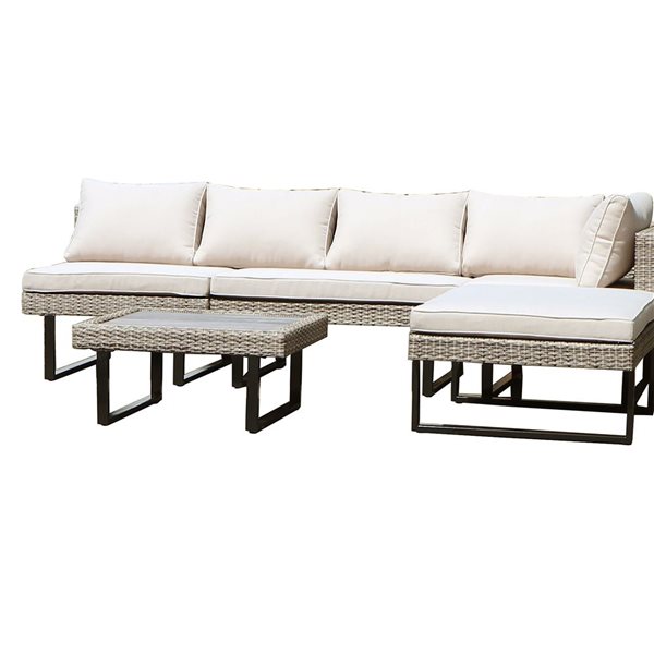 Deko Living Off-White Polyester/Brown Wicker Outdoor Corner Patio Sectional and Coffee Tables Set