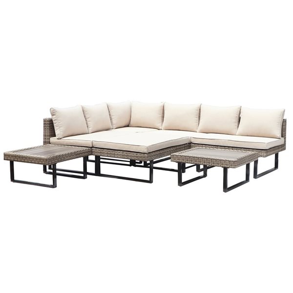 Deko Living Off-White Polyester/Brown Wicker Outdoor Corner Patio Sectional and Coffee Tables Set