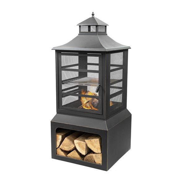 Deko Living 26-in Square Outdoor Black Steel Woodburning Fireplace with Cooking Grill and Log Storage