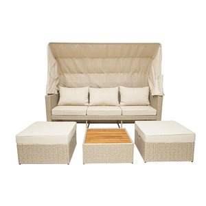 Deko Living Beige Polyester/Wicker Outdoor Patio Sofa and Coffee Table Set w/ Retractable Canopy and Ottomans