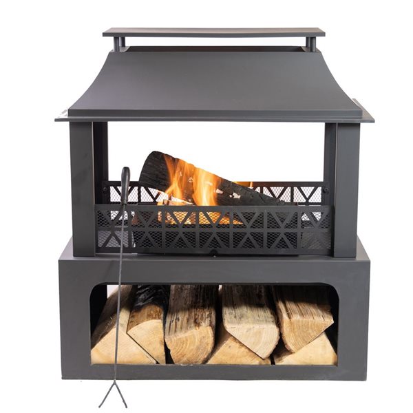 Deko Living 36-in Rectangular Outdoor Black Steel Woodburning Fireplace with Log Storage Compartment