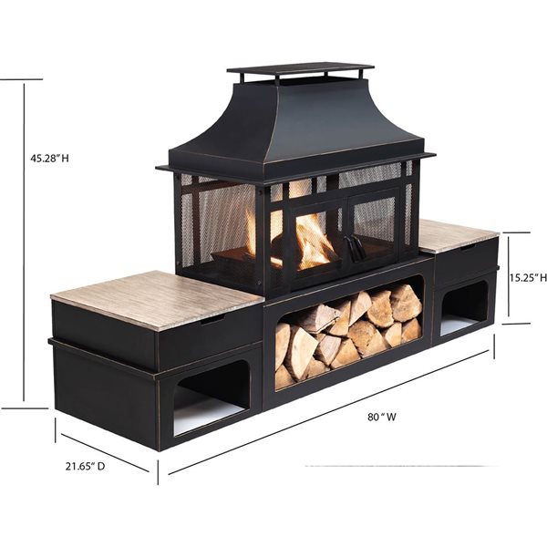 Deko Living 80-in Rectangular Outdoor Black Steel Woodburning Fireplace with Log Storage Compartment and Side Tables