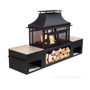 Deko Living 80-in Rectangular Outdoor Black Steel Woodburning Fireplace with Log Storage Compartment and Side Tables