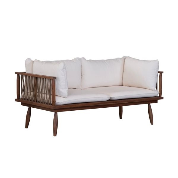 LH Home Vineyard Teak Wood Outdoor Loveseat w/ White Cushion