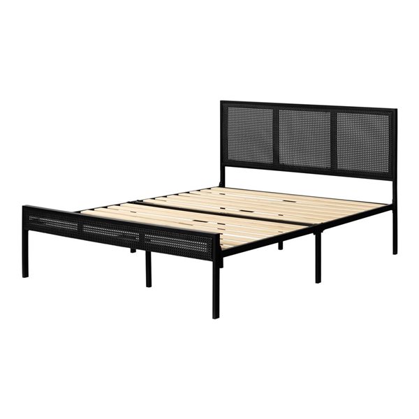 South Shore Balka Black Metal Queen Size Platform Bed w/ Natural Cane Headboard and Footboard